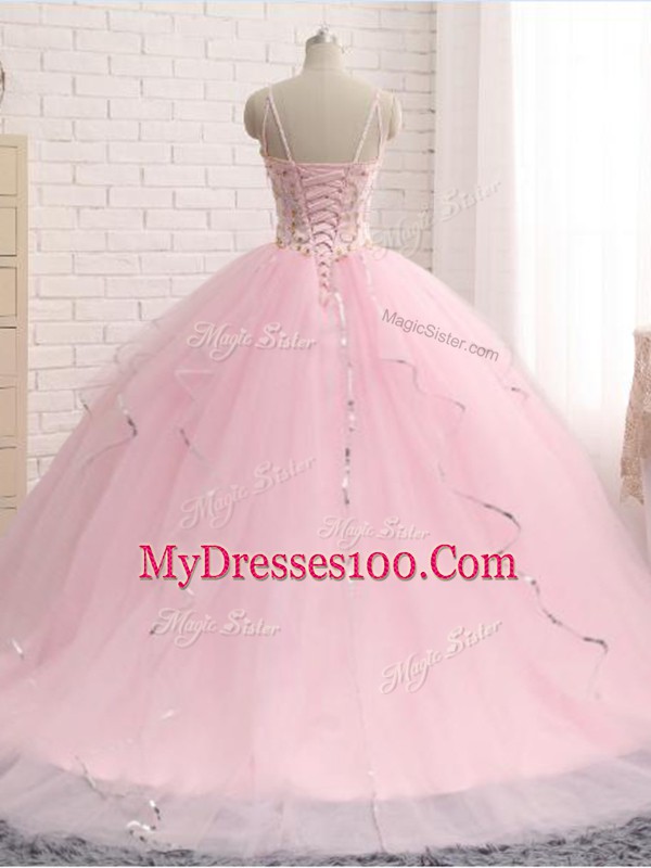 Flirting Baby Pink Sleeveless Brush Train Beading and Ruffles Quinceanera Gown
