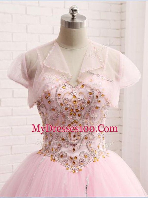 Flirting Baby Pink Sleeveless Brush Train Beading and Ruffles Quinceanera Gown