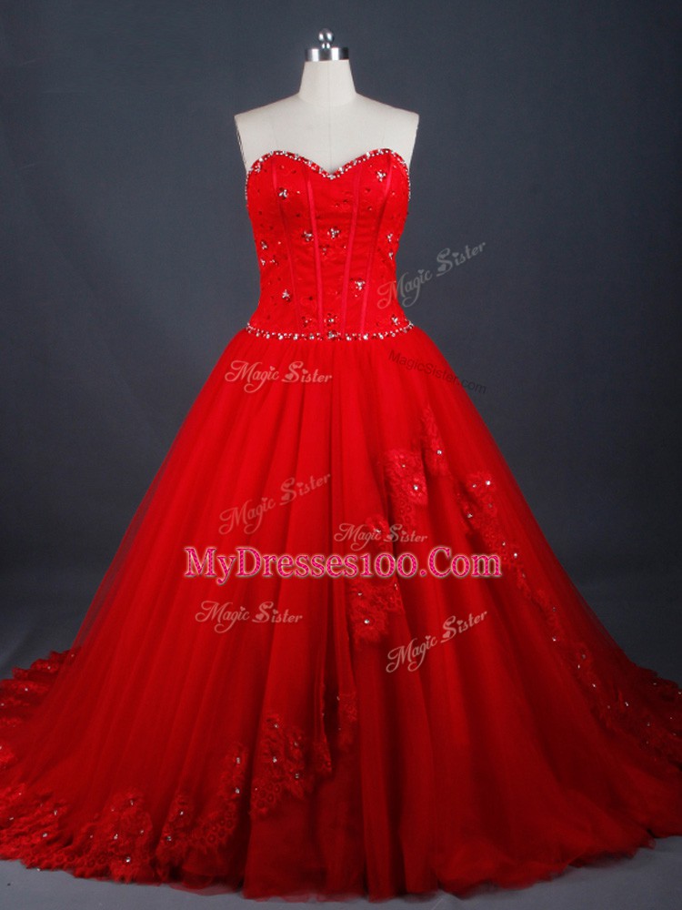 Sweet Appliques Wedding Dresses Red Lace Up Sleeveless Brush Train