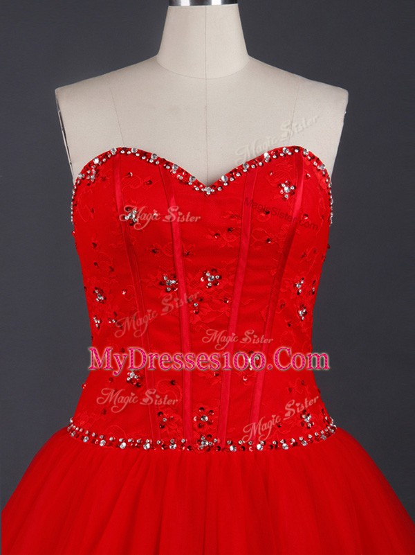 Sweet Appliques Wedding Dresses Red Lace Up Sleeveless Brush Train