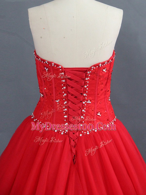 Sweet Appliques Wedding Dresses Red Lace Up Sleeveless Brush Train