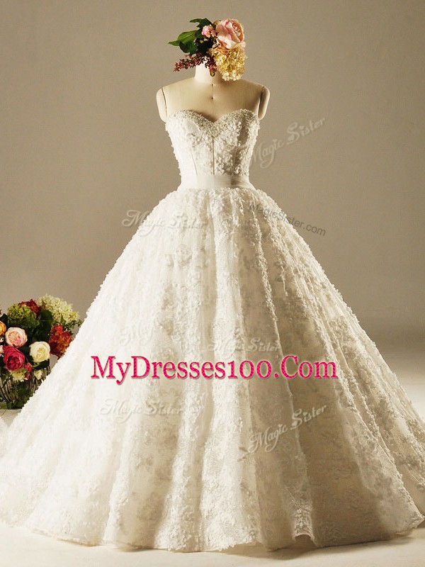 Sleeveless Brush Train Beading and Lace Lace Up Wedding Dresses