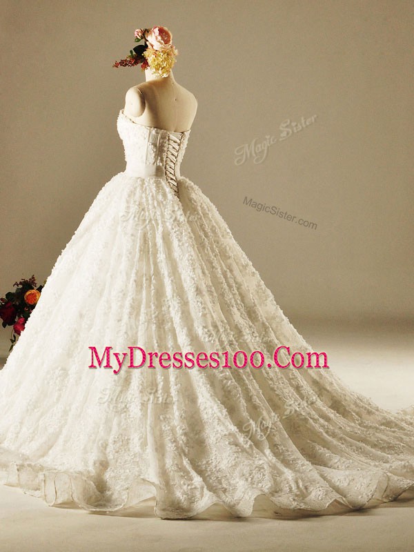Sleeveless Brush Train Beading and Lace Lace Up Wedding Dresses