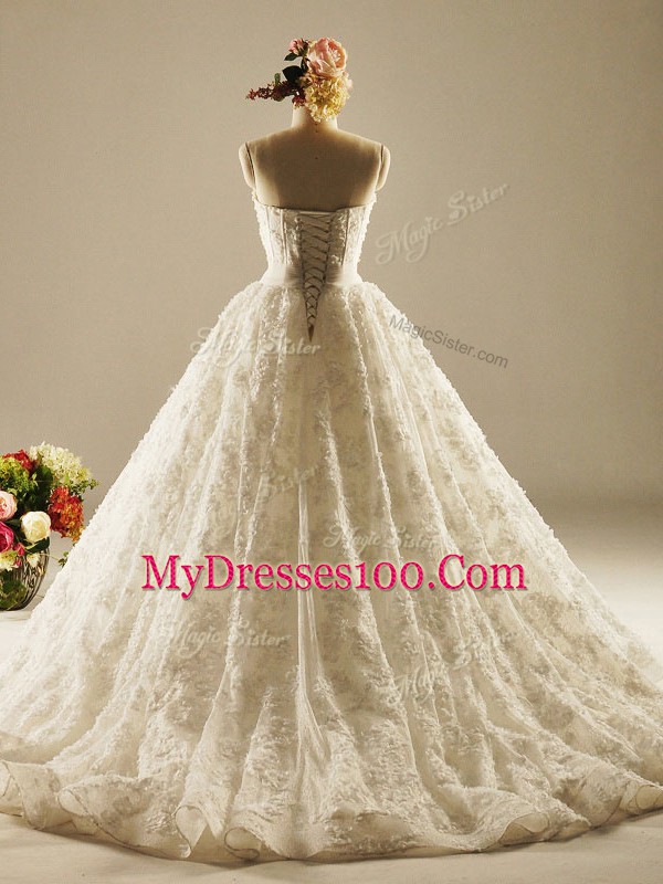 Sleeveless Brush Train Beading and Lace Lace Up Wedding Dresses
