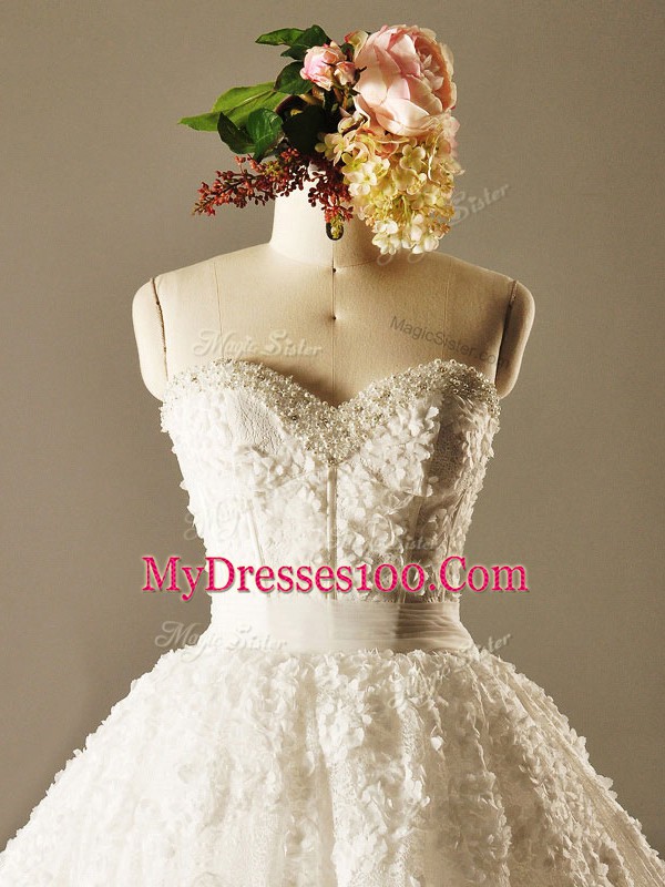 Sleeveless Brush Train Beading and Lace Lace Up Wedding Dresses