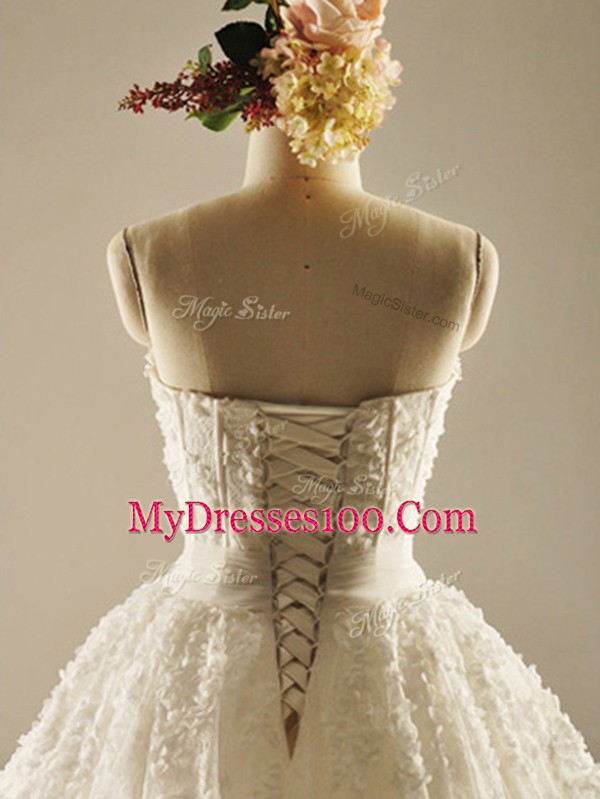 Sleeveless Brush Train Beading and Lace Lace Up Wedding Dresses
