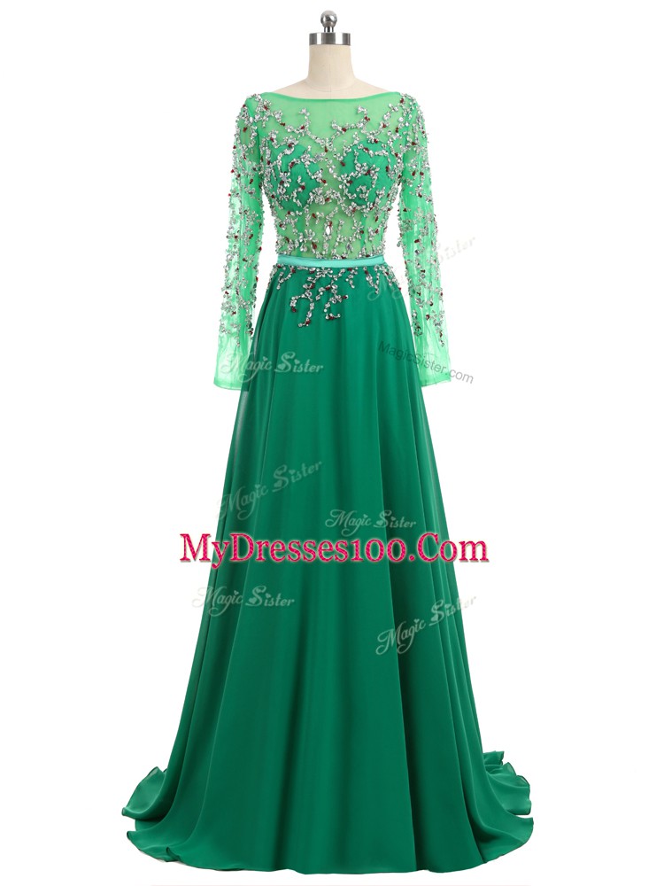 Hot Sale Long Sleeves Brush Train Backless Beading Prom Dresses