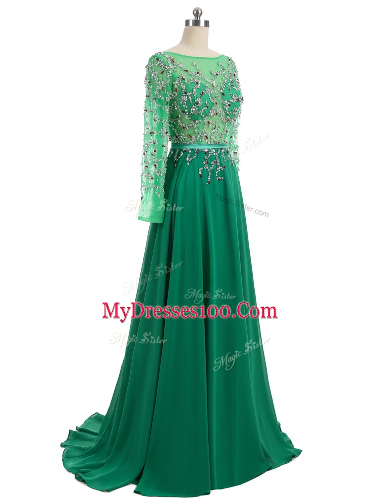 Hot Sale Long Sleeves Brush Train Backless Beading Prom Dresses