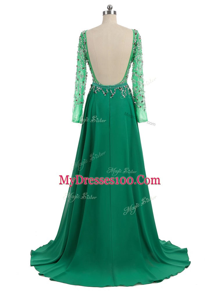 Hot Sale Long Sleeves Brush Train Backless Beading Prom Dresses