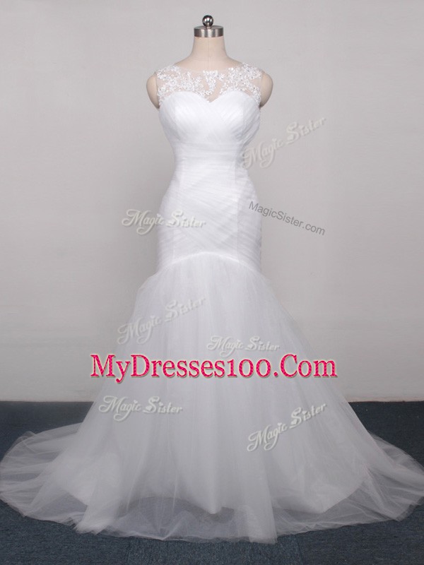 Amazing Tulle Sleeveless Wedding Dress Brush Train and Lace and Appliques and Ruching