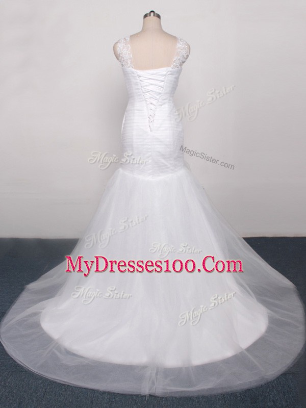 Amazing Tulle Sleeveless Wedding Dress Brush Train and Lace and Appliques and Ruching