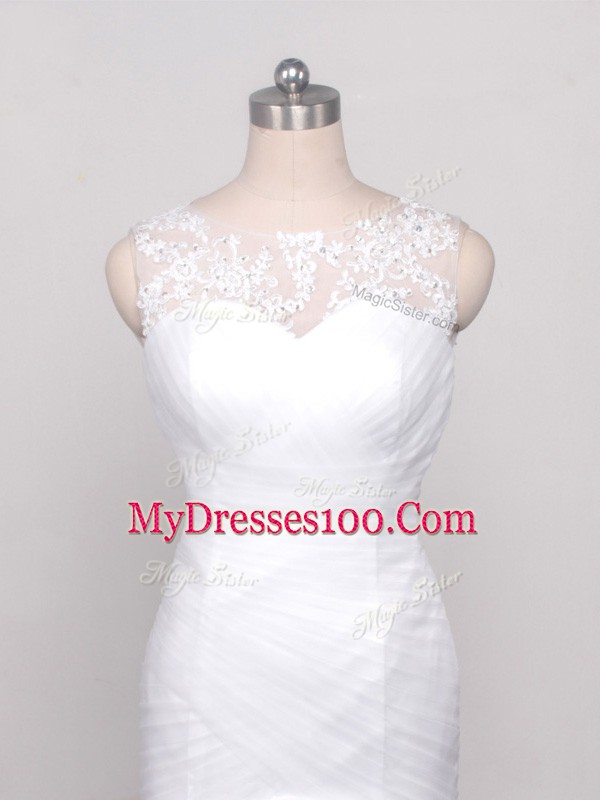 Amazing Tulle Sleeveless Wedding Dress Brush Train and Lace and Appliques and Ruching