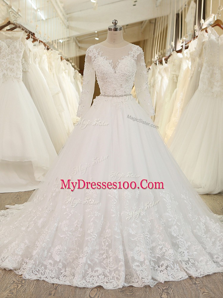 Fine White Long Sleeves Chapel Train Beading and Lace and Appliques Wedding Dress