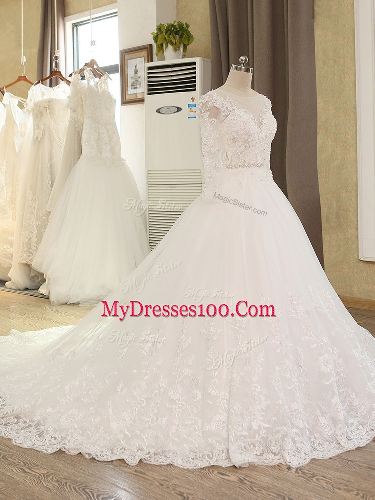 Fine White Long Sleeves Chapel Train Beading and Lace and Appliques Wedding Dress