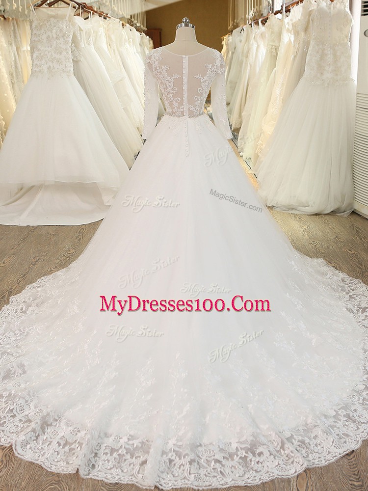 Fine White Long Sleeves Chapel Train Beading and Lace and Appliques Wedding Dress