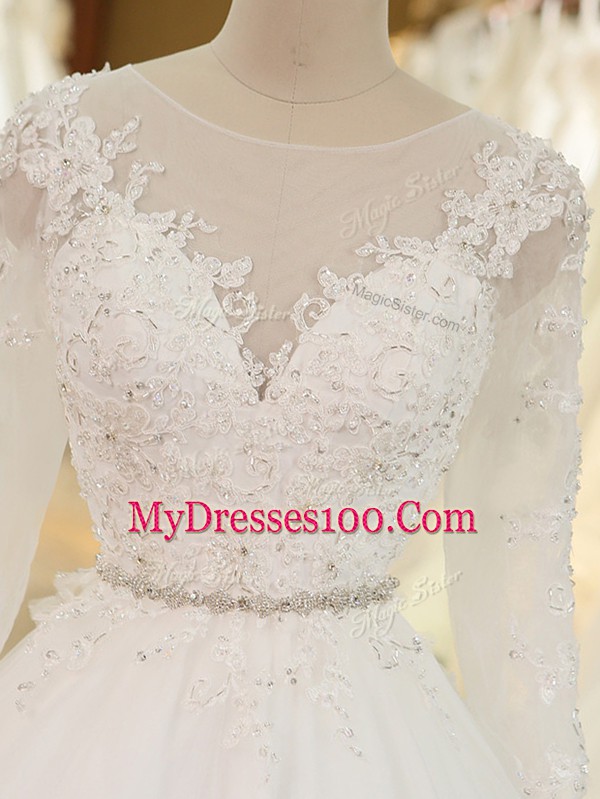Fine White Long Sleeves Chapel Train Beading and Lace and Appliques Wedding Dress