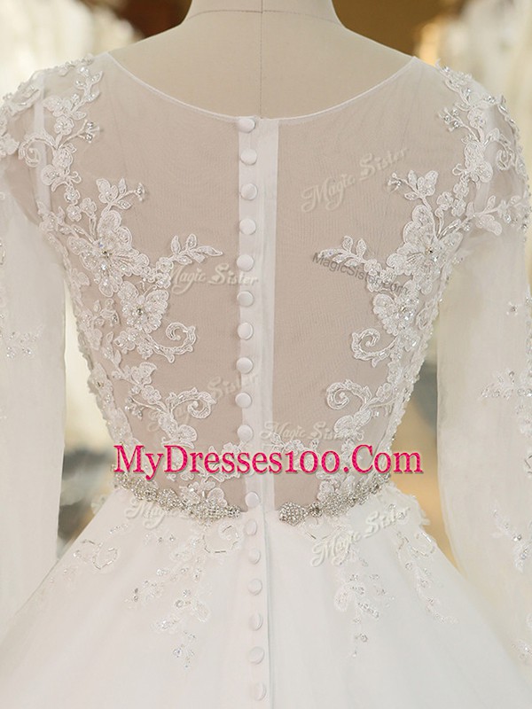 Fine White Long Sleeves Chapel Train Beading and Lace and Appliques Wedding Dress