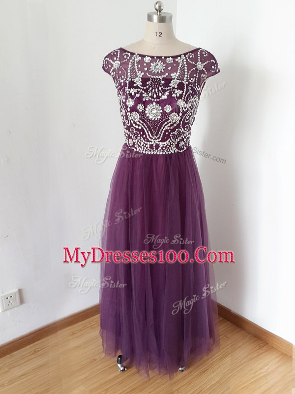 Custom Fit Empire Party Dress Wholesale Eggplant Purple Scoop Tulle Short Sleeves Zipper