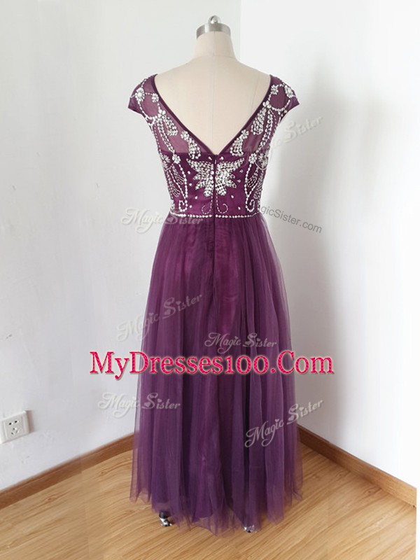 Custom Fit Empire Party Dress Wholesale Eggplant Purple Scoop Tulle Short Sleeves Zipper