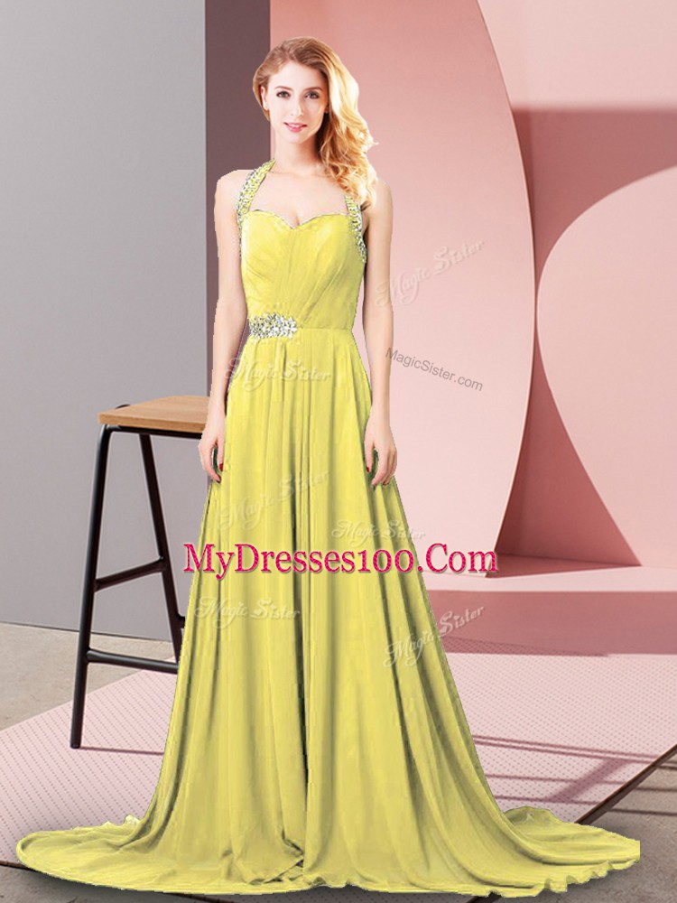 Hot Selling Gold Empire Chiffon Halter Top Sleeveless Beading and Ruching Zipper Prom Evening Gown Brush Train