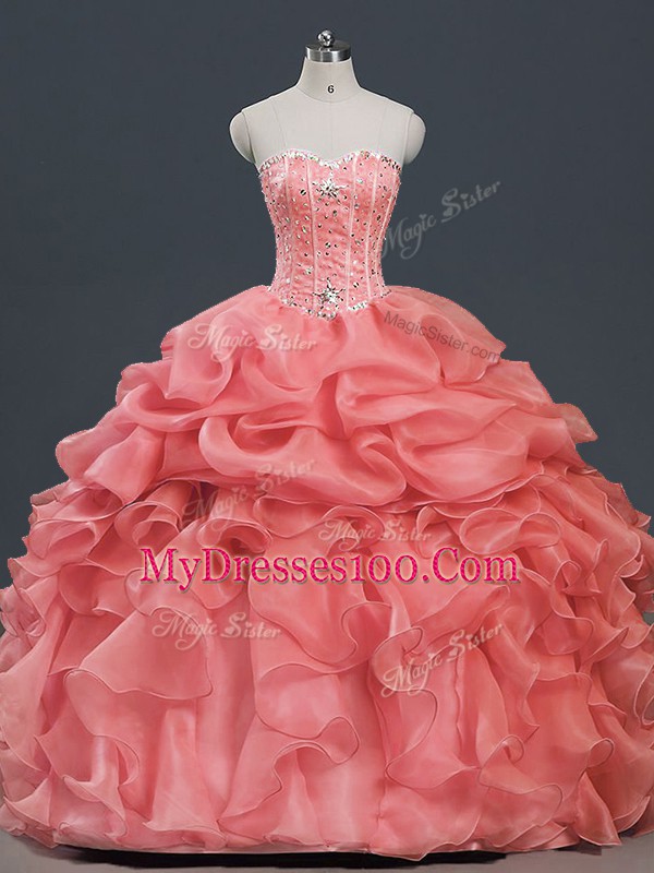 Floor Length Watermelon Red Quinceanera Dresses Organza Sleeveless Beading and Ruffles and Pick Ups