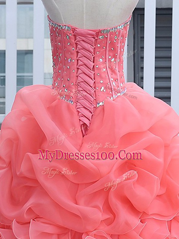 Floor Length Watermelon Red Quinceanera Dresses Organza Sleeveless Beading and Ruffles and Pick Ups