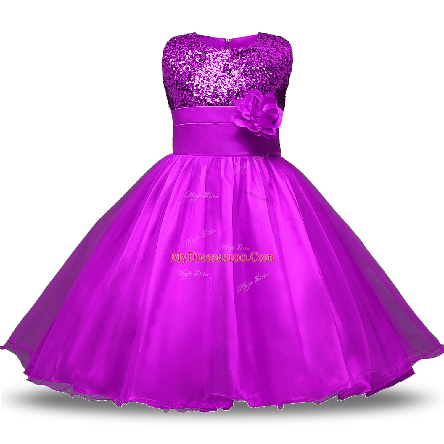 Hot Selling Scoop Sleeveless Flower Girl Dresses Knee Length Belt and Hand Made Flower Purple Organza and Sequined