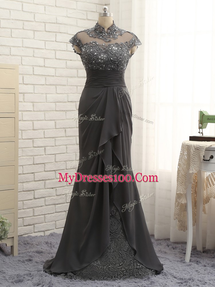 Black Chiffon Zipper Mother Of The Bride Dress Cap Sleeves Floor Length Lace and Ruching