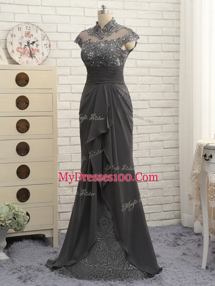 Black Chiffon Zipper Mother Of The Bride Dress Cap Sleeves Floor Length Lace and Ruching