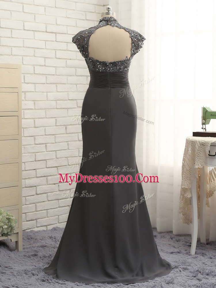 Black Chiffon Zipper Mother Of The Bride Dress Cap Sleeves Floor Length Lace and Ruching