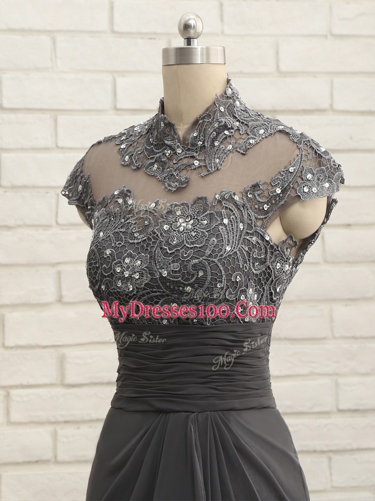 Black Chiffon Zipper Mother Of The Bride Dress Cap Sleeves Floor Length Lace and Ruching