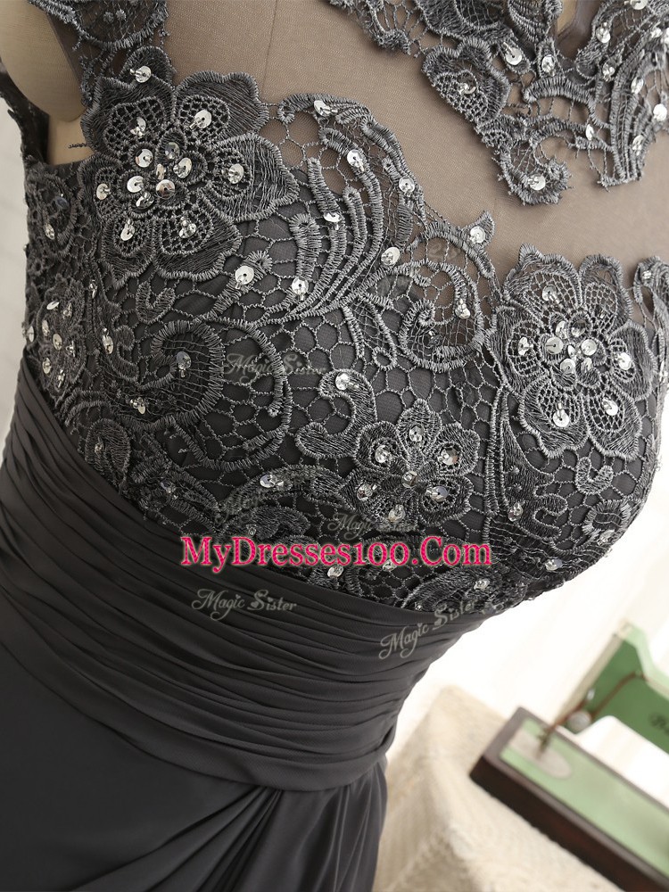 Black Chiffon Zipper Mother Of The Bride Dress Cap Sleeves Floor Length Lace and Ruching