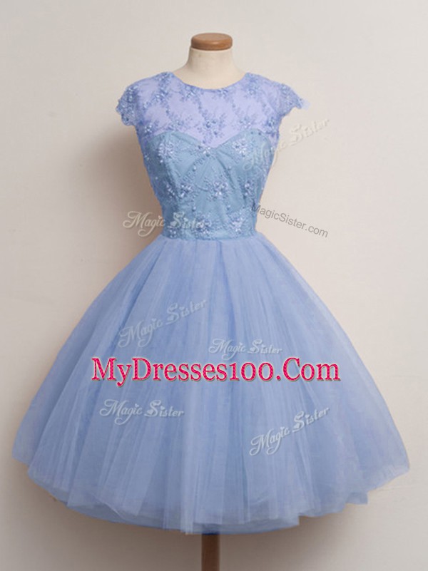 Knee Length Blue Bridesmaid Gown Scoop Cap Sleeves Lace Up
