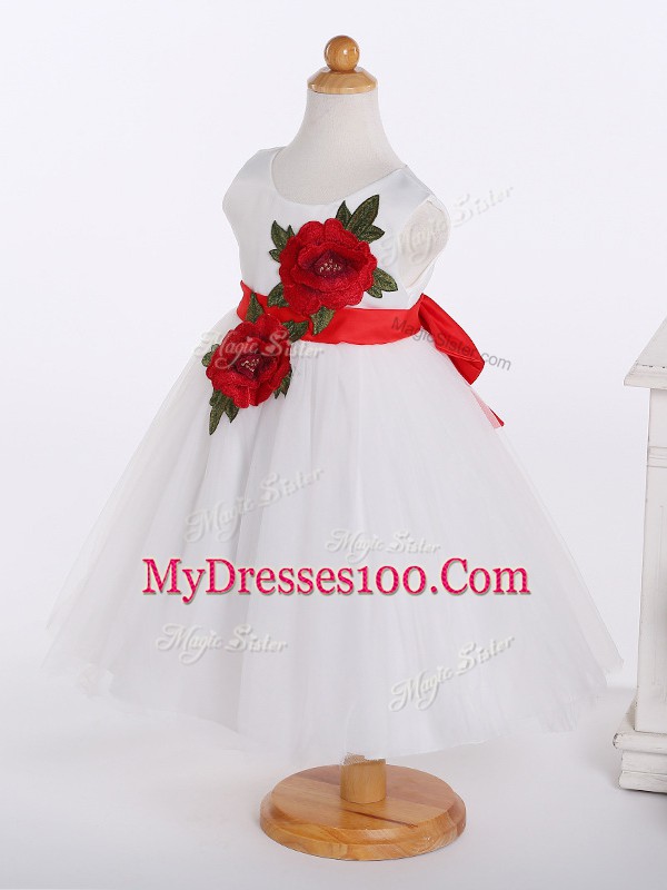 Shining White Zipper Toddler Flower Girl Dress Bowknot and Hand Made Flower Sleeveless Knee Length