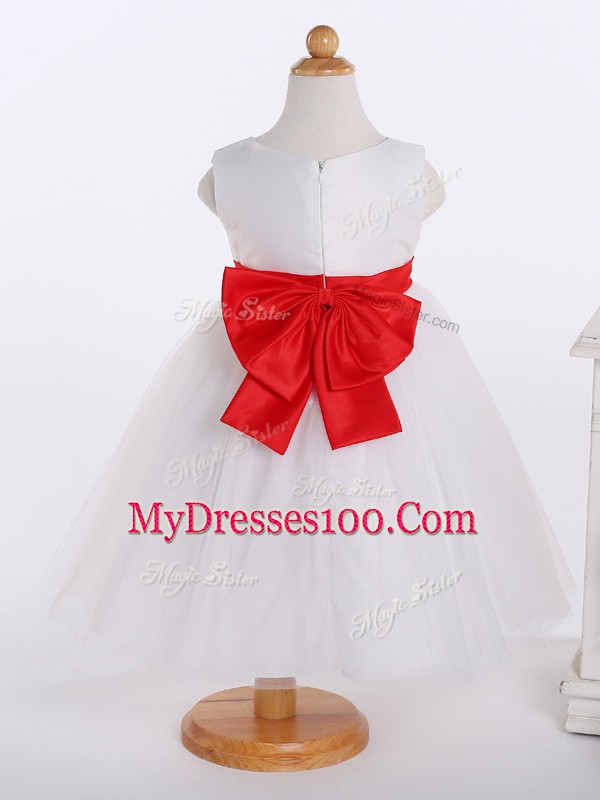 Shining White Zipper Toddler Flower Girl Dress Bowknot and Hand Made Flower Sleeveless Knee Length