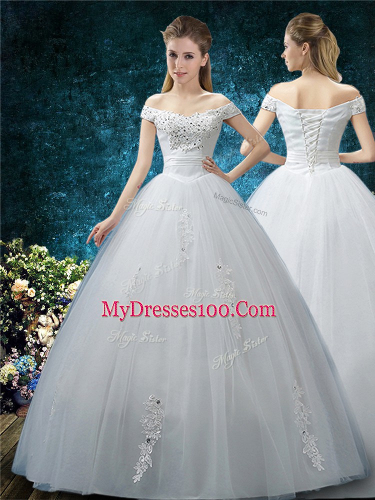 Floor Length White Wedding Gown Off The Shoulder Cap Sleeves Lace Up