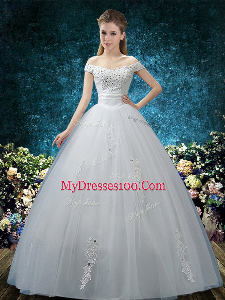 Floor Length White Wedding Gown Off The Shoulder Cap Sleeves Lace Up