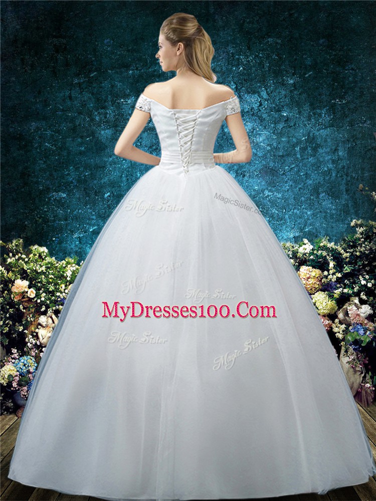 Floor Length White Wedding Gown Off The Shoulder Cap Sleeves Lace Up