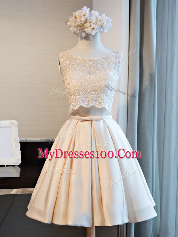 Romantic Satin Sleeveless Mini Length Prom Dress and Lace