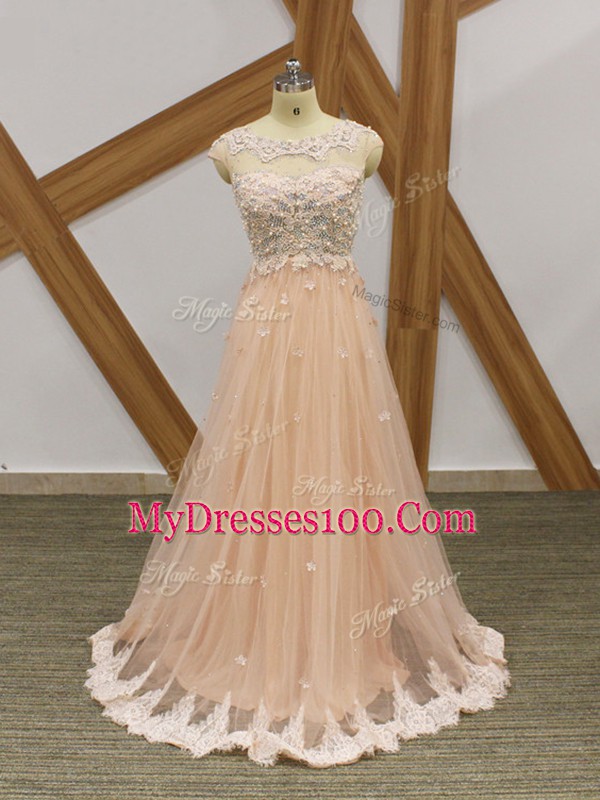 Traditional Tulle Scoop Sleeveless Zipper Beading and Lace and Appliques Homecoming Dress in Champagne
