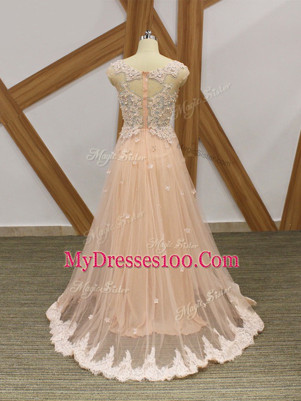 Traditional Tulle Scoop Sleeveless Zipper Beading and Lace and Appliques Homecoming Dress in Champagne