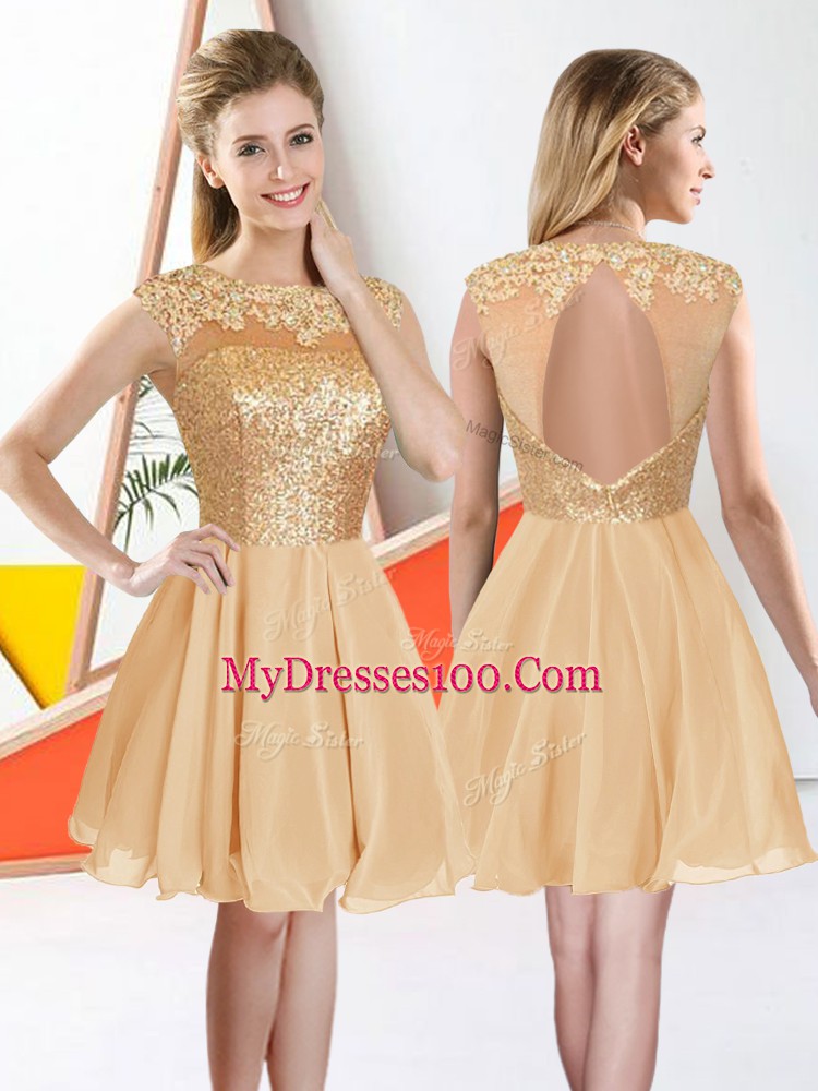 Beading and Lace Bridesmaid Dresses Champagne Backless Sleeveless Knee Length