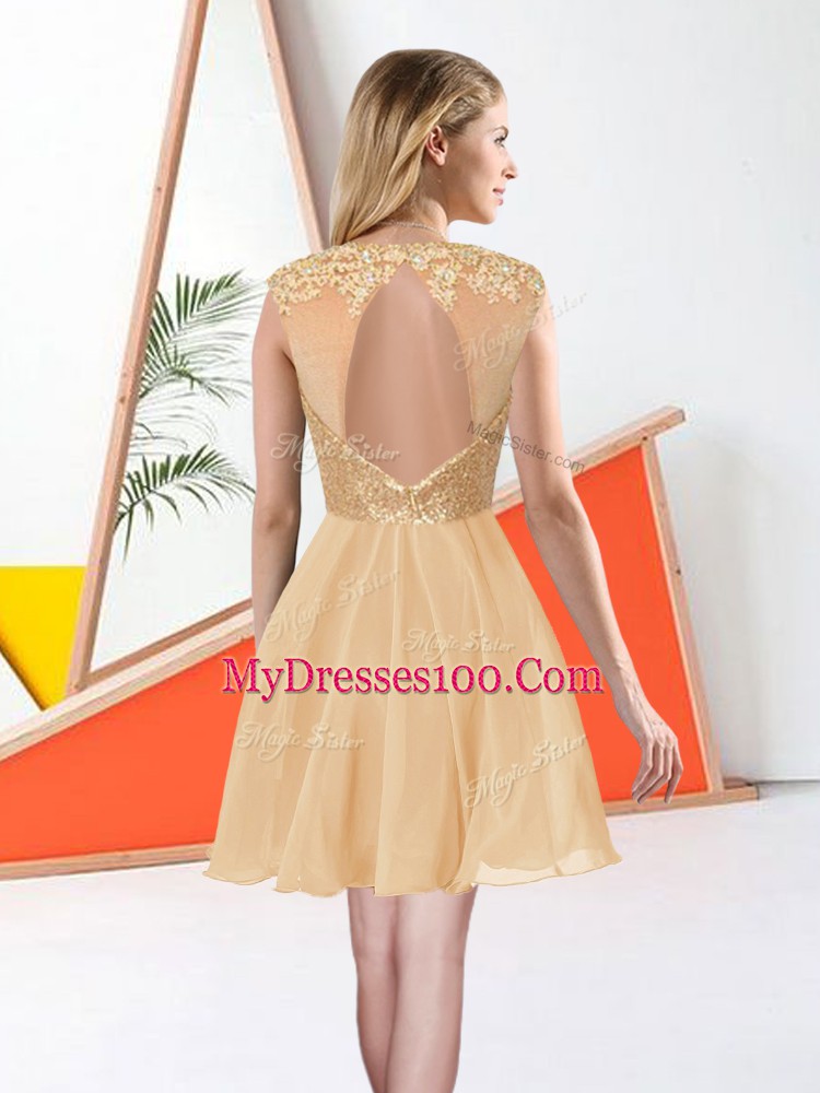 Beading and Lace Bridesmaid Dresses Champagne Backless Sleeveless Knee Length