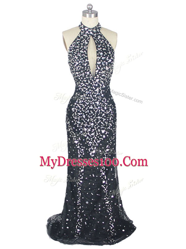 Dazzling Black Column/Sheath Halter Top Sleeveless Tulle Brush Train Zipper Beading Dress for Prom