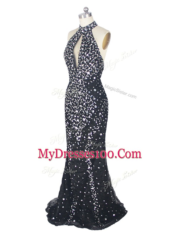 Dazzling Black Column/Sheath Halter Top Sleeveless Tulle Brush Train Zipper Beading Dress for Prom