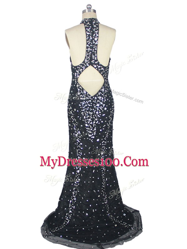 Dazzling Black Column/Sheath Halter Top Sleeveless Tulle Brush Train Zipper Beading Dress for Prom