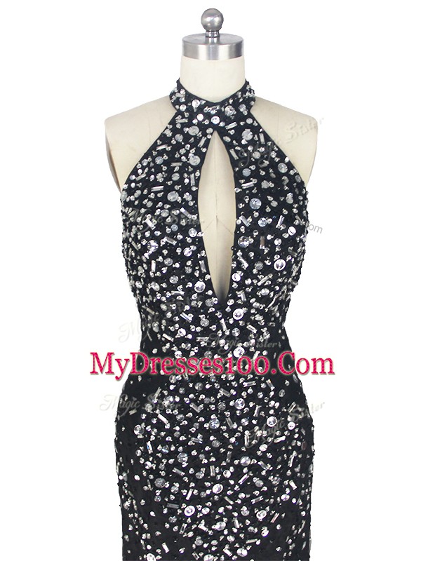 Dazzling Black Column/Sheath Halter Top Sleeveless Tulle Brush Train Zipper Beading Dress for Prom