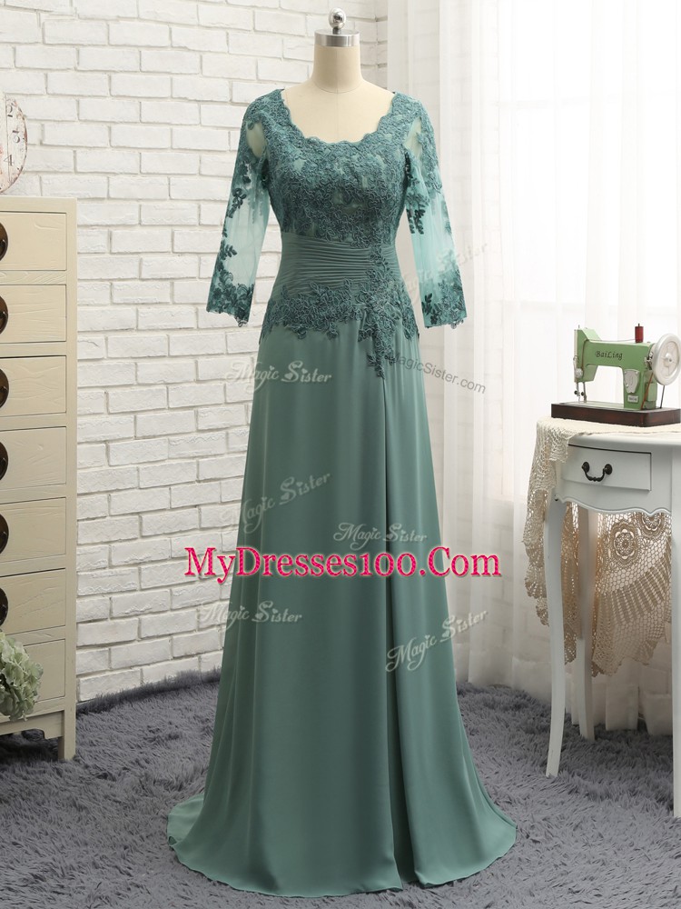 Top Selling Green Column/Sheath Lace and Appliques and Ruching Mother Of The Bride Dress Zipper Chiffon Long Sleeves Floor Length