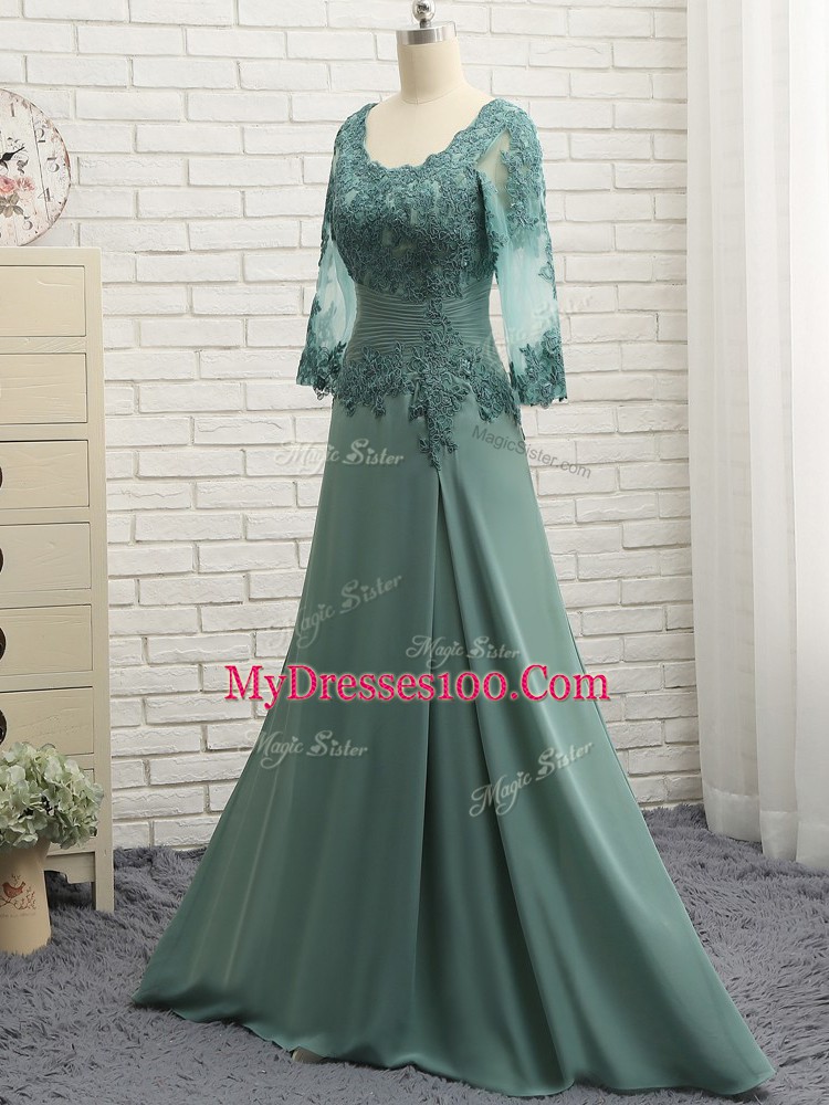Top Selling Green Column/Sheath Lace and Appliques and Ruching Mother Of The Bride Dress Zipper Chiffon Long Sleeves Floor Length