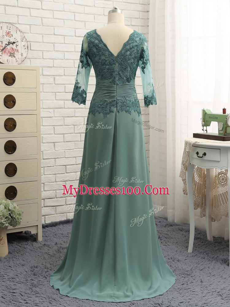 Top Selling Green Column/Sheath Lace and Appliques and Ruching Mother Of The Bride Dress Zipper Chiffon Long Sleeves Floor Length